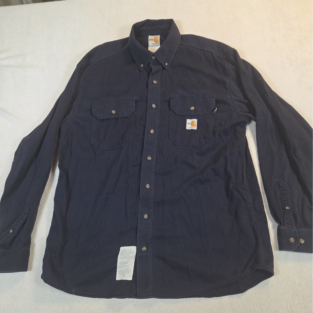 Carhartt FR Shirt Mens Large Navy Flame Resistant Long Sleeve Button Down Work